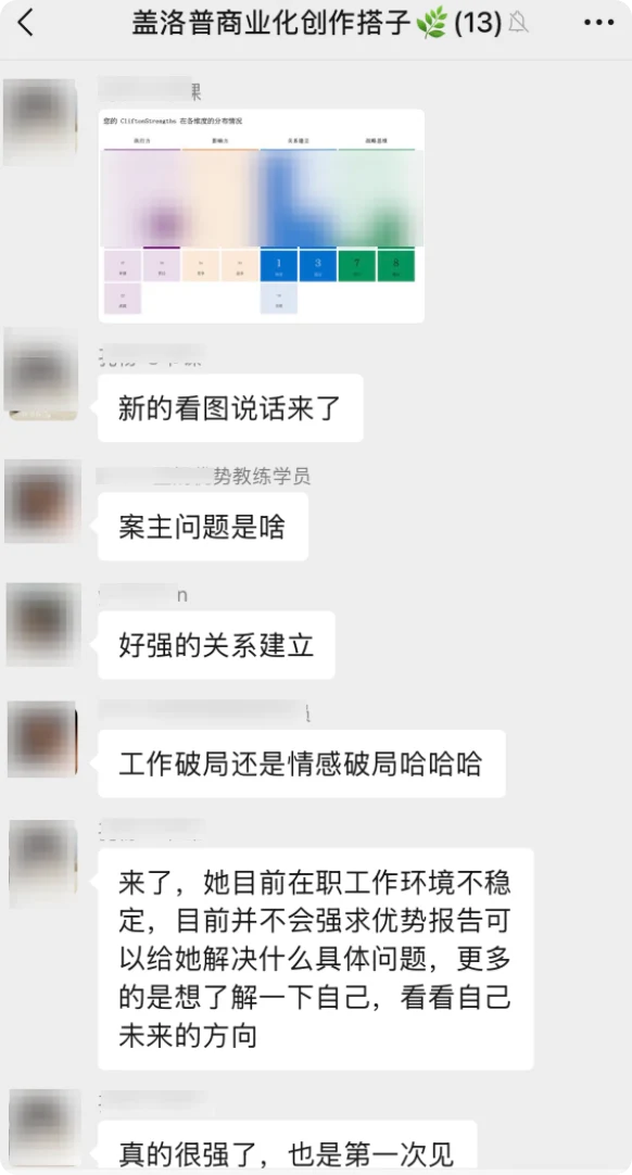 学员在群里发布优势报告截图，同学接力练习解读，给出关于案主状态的具体分析